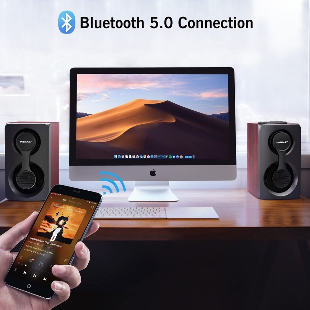 Computer Speakers, Support Wired and Bluetooth 5.0, Wooden Speakers- 10W (Brown)